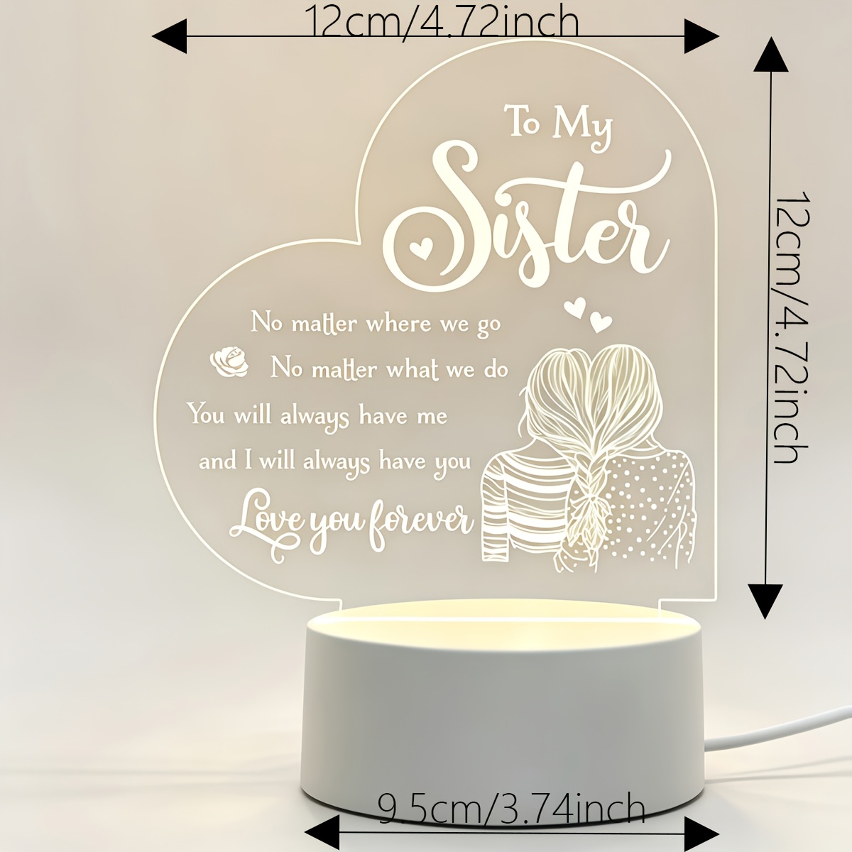 TEMU 1pc To My Sister Acrylic Night Light Sister Quote Engraved Led Lamp Heart Shaped Sister Gift Night Light Birthday Christmas Gift For Sister