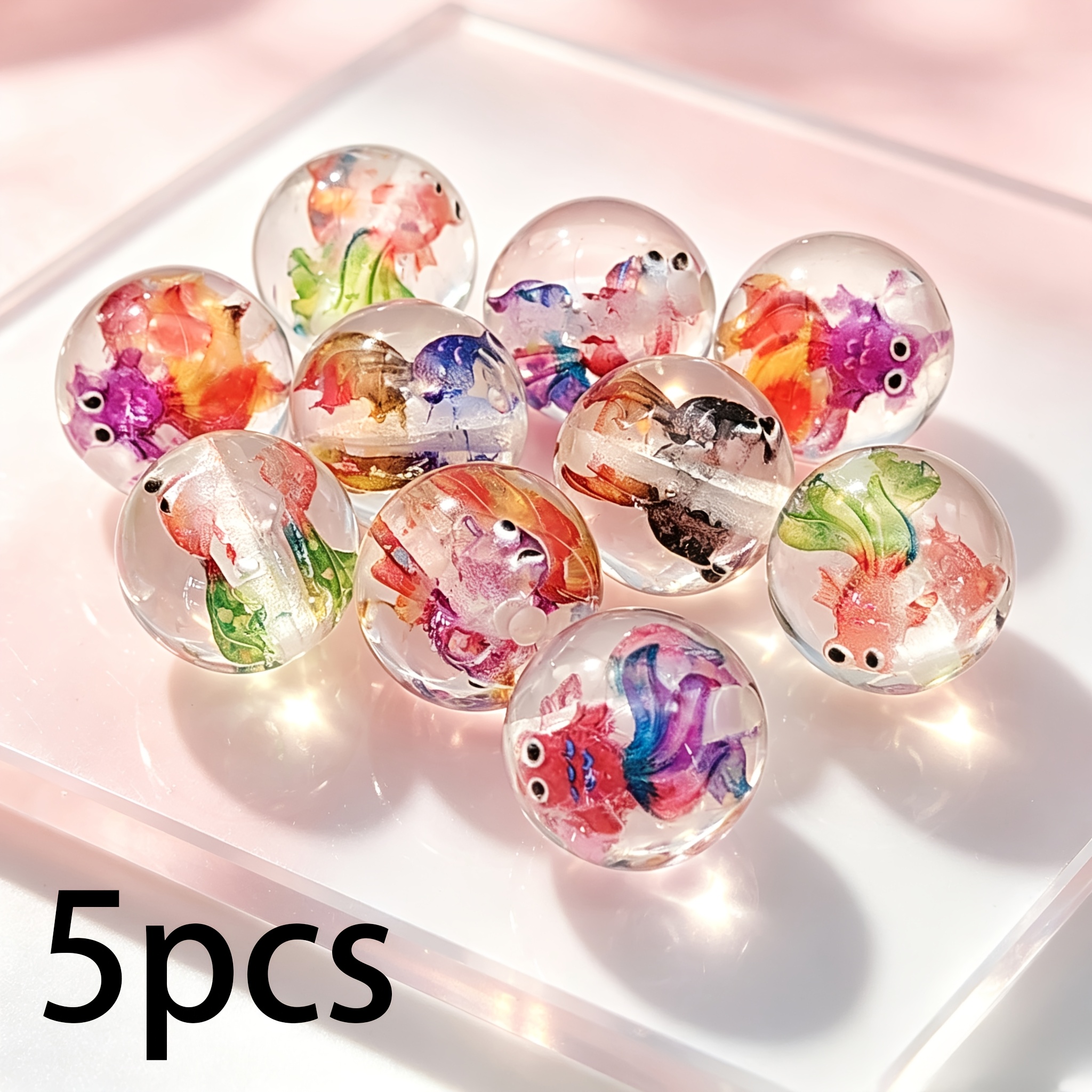 TEMU 5pcs 16mm Resin Transparent Inner Painted Goldfish Round Beads With Hole Loose Beads Random Color Jewelry Materials, Jewelry Bead Stringing,