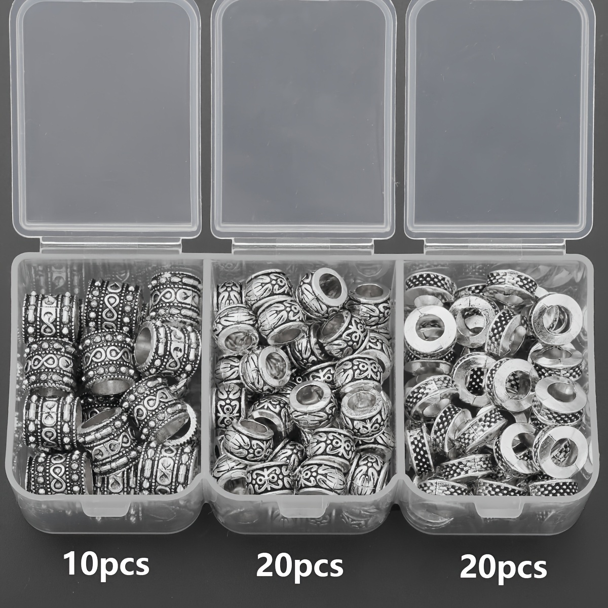 Image of 50pcs/box Antique Silvery Making Parts Set, Alloy Large-hole Beads, Three-dimensional Carved Spacer Beads, Pattern Floral Dot Loose Beads, Bead Connectors, Decorative Beads, Suitable For Diy Bracelets