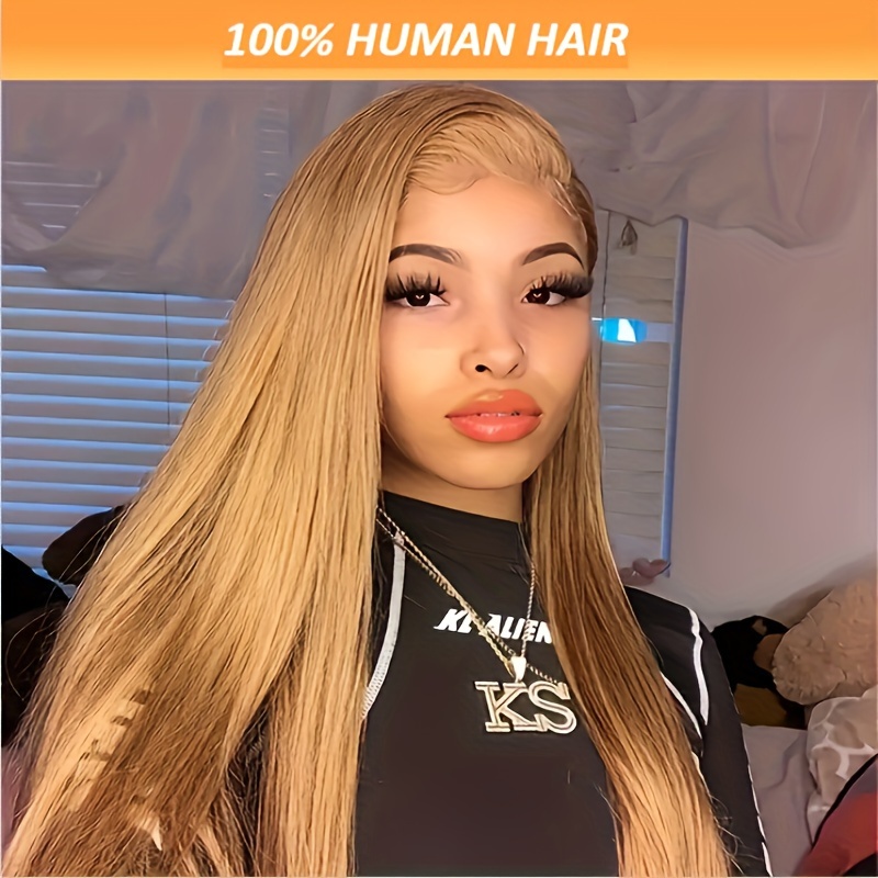 

Honey Blonde Lace Front Wig Human Hair #27 Color Straight Lace Frontal Wigs 13x6 Hd Transparent Glueless Lace Wig Pre Plucked With Baby Hair 180% Density Colorful Wigs For Women 28 Inch