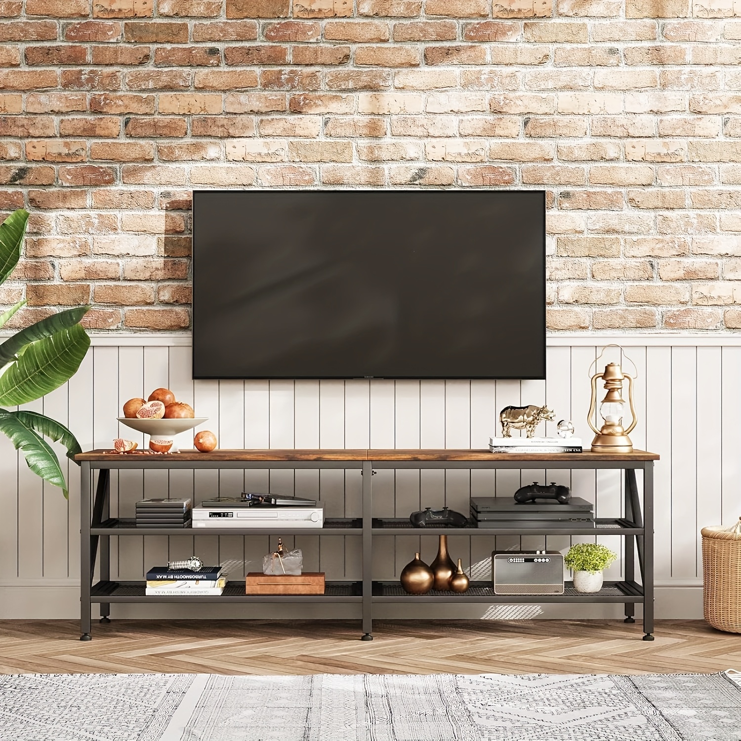modern wooden tv stand with metal frame 3 tier storage shelves sturdy entertainment center for living room   to   easy assembly cooling design versatile aesthetics 160x40x50cm