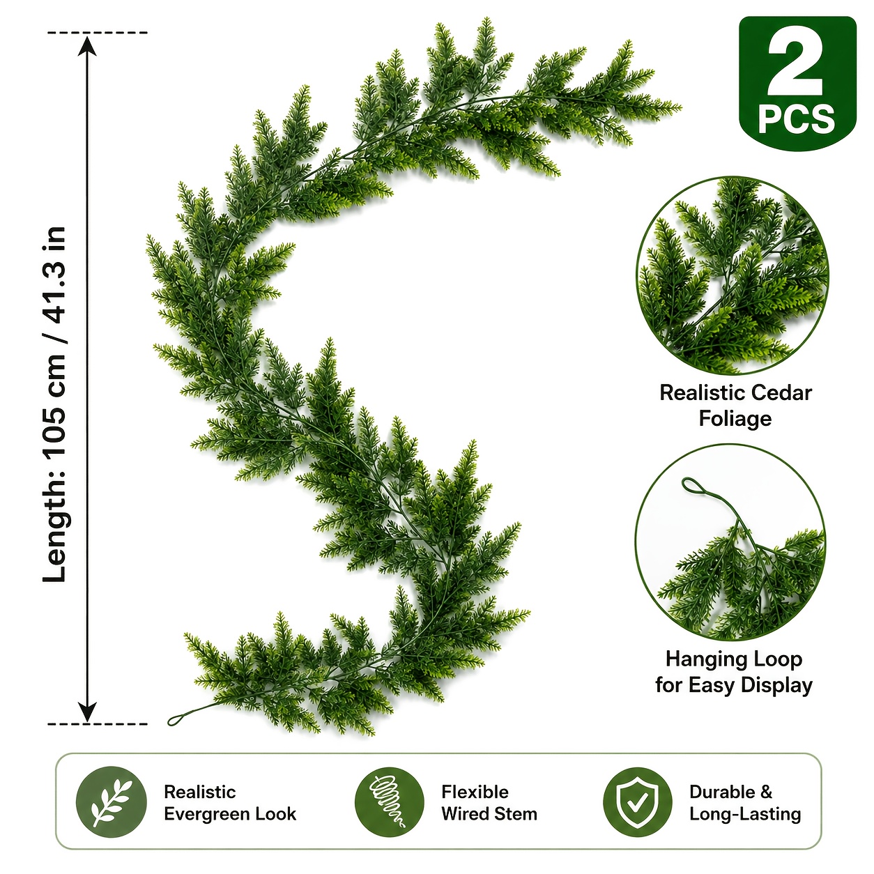 TEMU 2pcs 41.34-inch Artificial Leaf Rattan Christmas Decoration Vine, Featuring High-density Simulated Pine And Branches With Full, Fluffy Foliage.