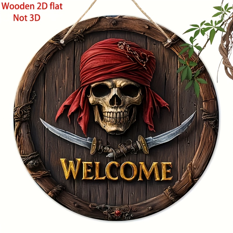 Image of 2d Flat, Retro Pirate Welcome Sign, 2d Clock, Wooden Sign - Wall Mounted Pirate Themed Home Decoration - Aesthetic Room Decoration For Festivals, Front Doors, Parties, Gifts, And Home Decor., 2d Flat