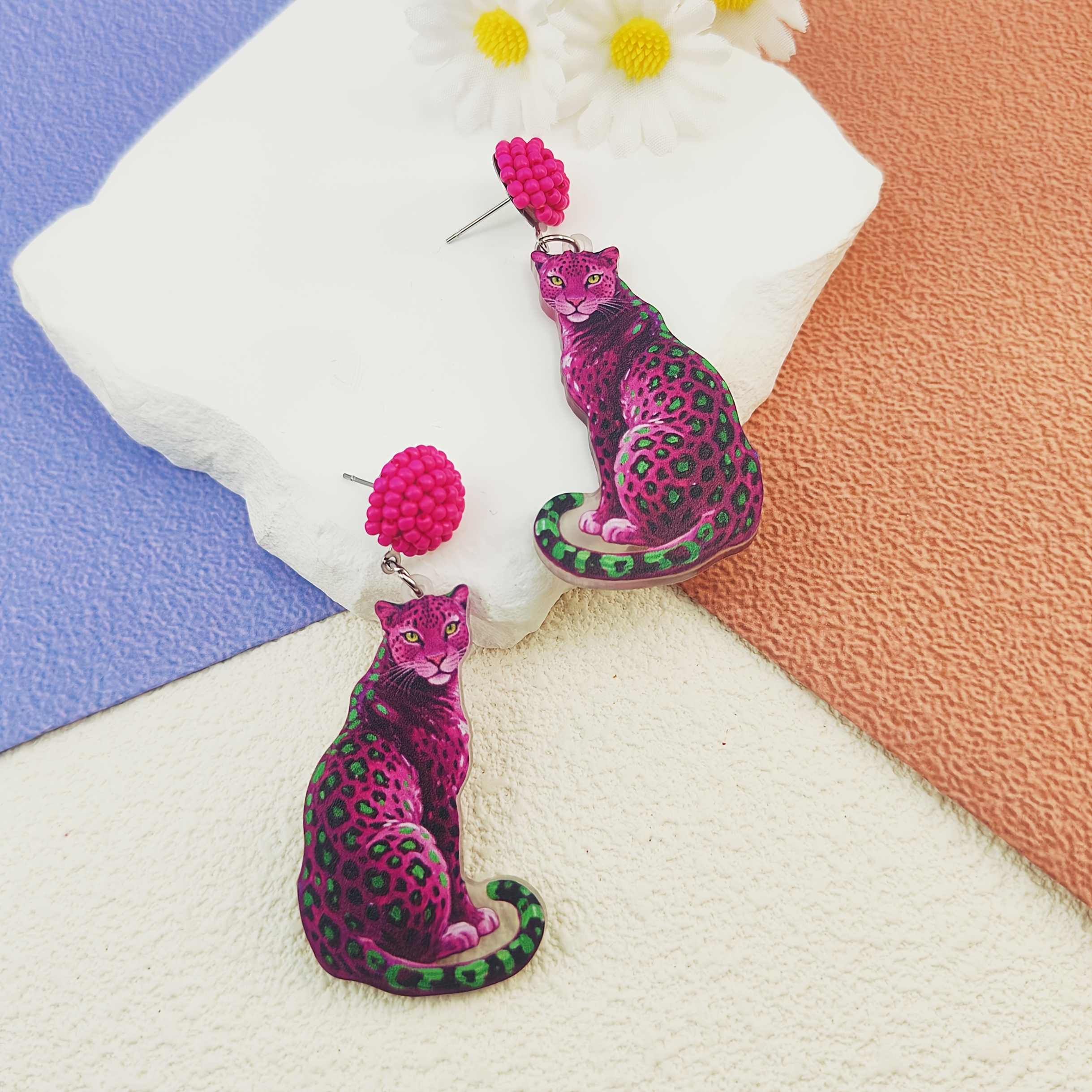 Image of 2pcs (1 Pair) Unique Fun Rose Leopard Print Halloween Y2k Print Mixed Color Resin And Rose Red Hand- Fine Beads Long Style Large Plate Fashionable Men's Cool Pendant Earrings - Makes The