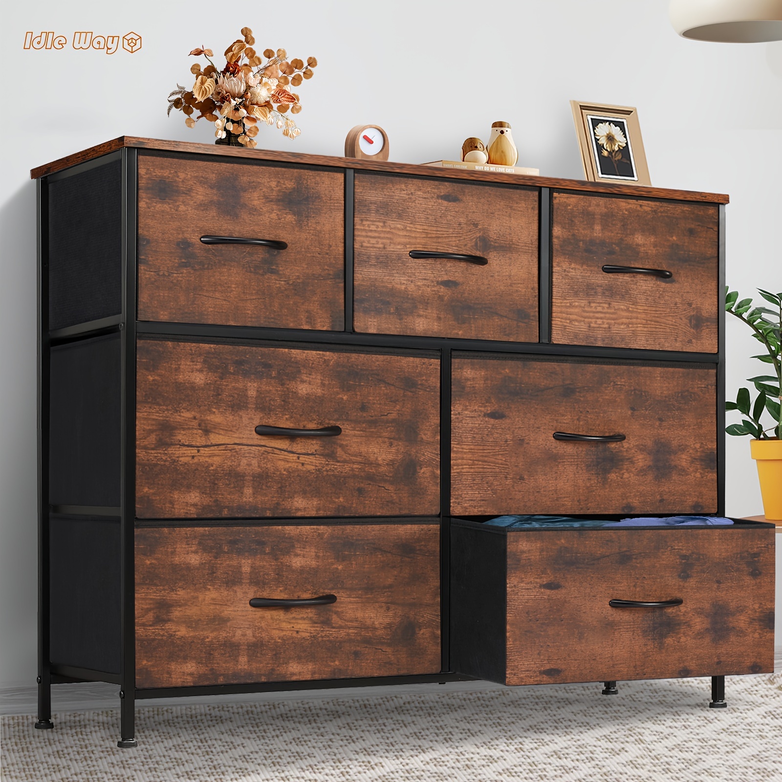 

Idle Way Dresser For Bedroom, Fabric Closet Organizer With 7 Drawers, Dresser With Metal Frame And Wood Tabletop, Chest Storage Tower For Nursery, Living Room, Entryway