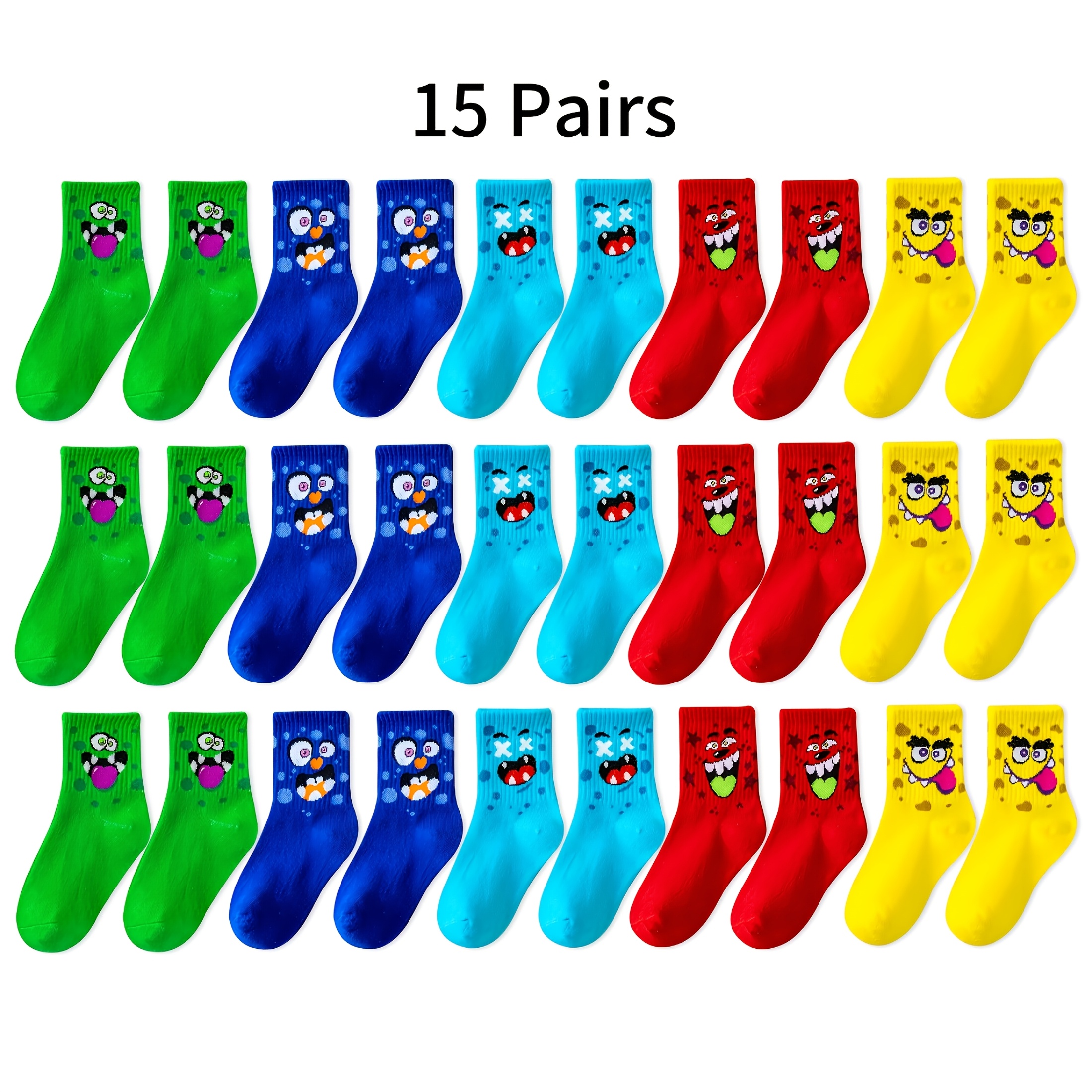 Image of 15 Pairs Monster Face Socks - Soft Breathable - Toddler Cartoon Sports & Casual Attire, Colorful Monster Patterns Suitable For Casual Daily Life, Play, Sock