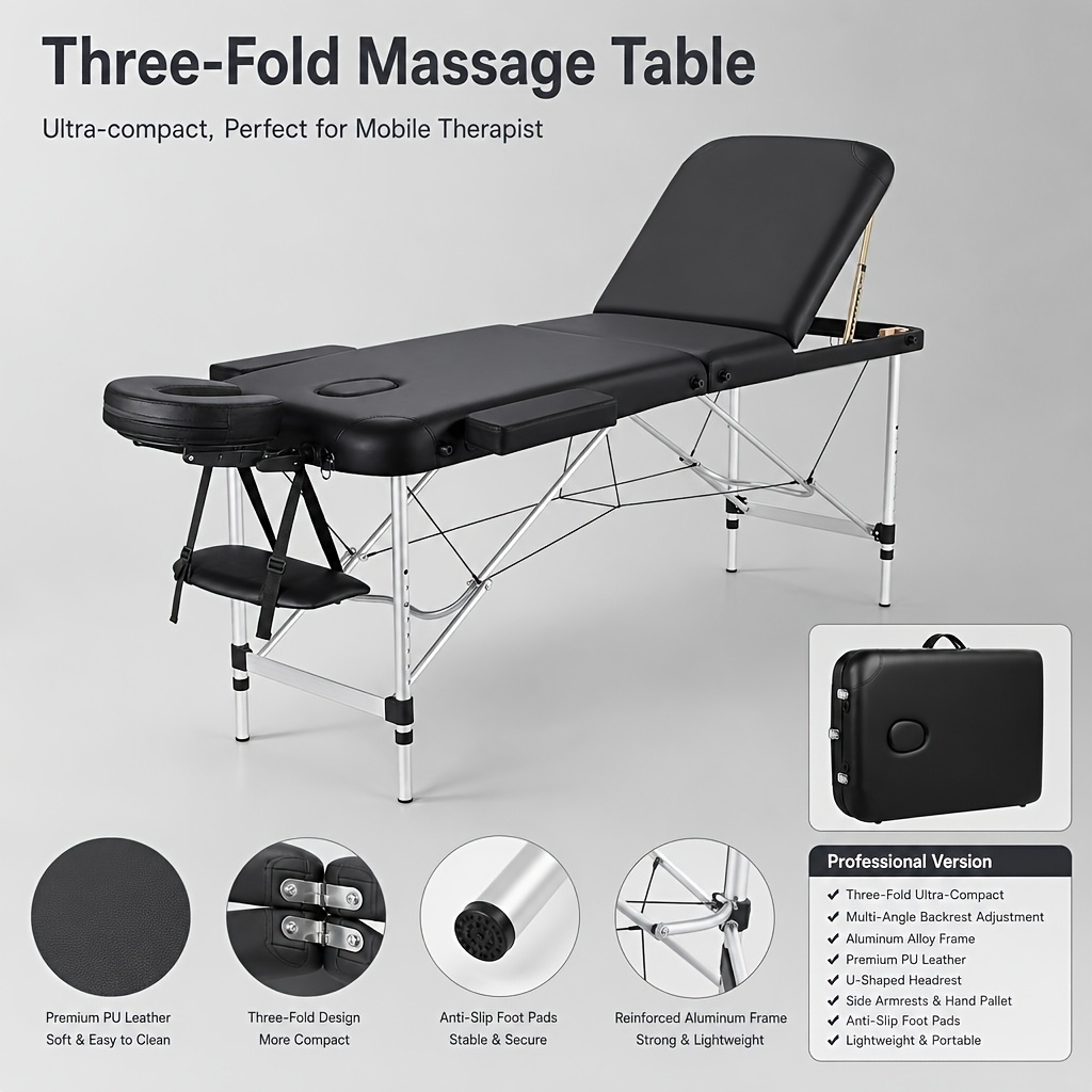 Image of 2-fold And 3-fold Portable Foldable Professional Massage Table, Multifunctional Spa Massage Bed With Detachable Headrest And Armrests For Beauty, Salon, Home Use