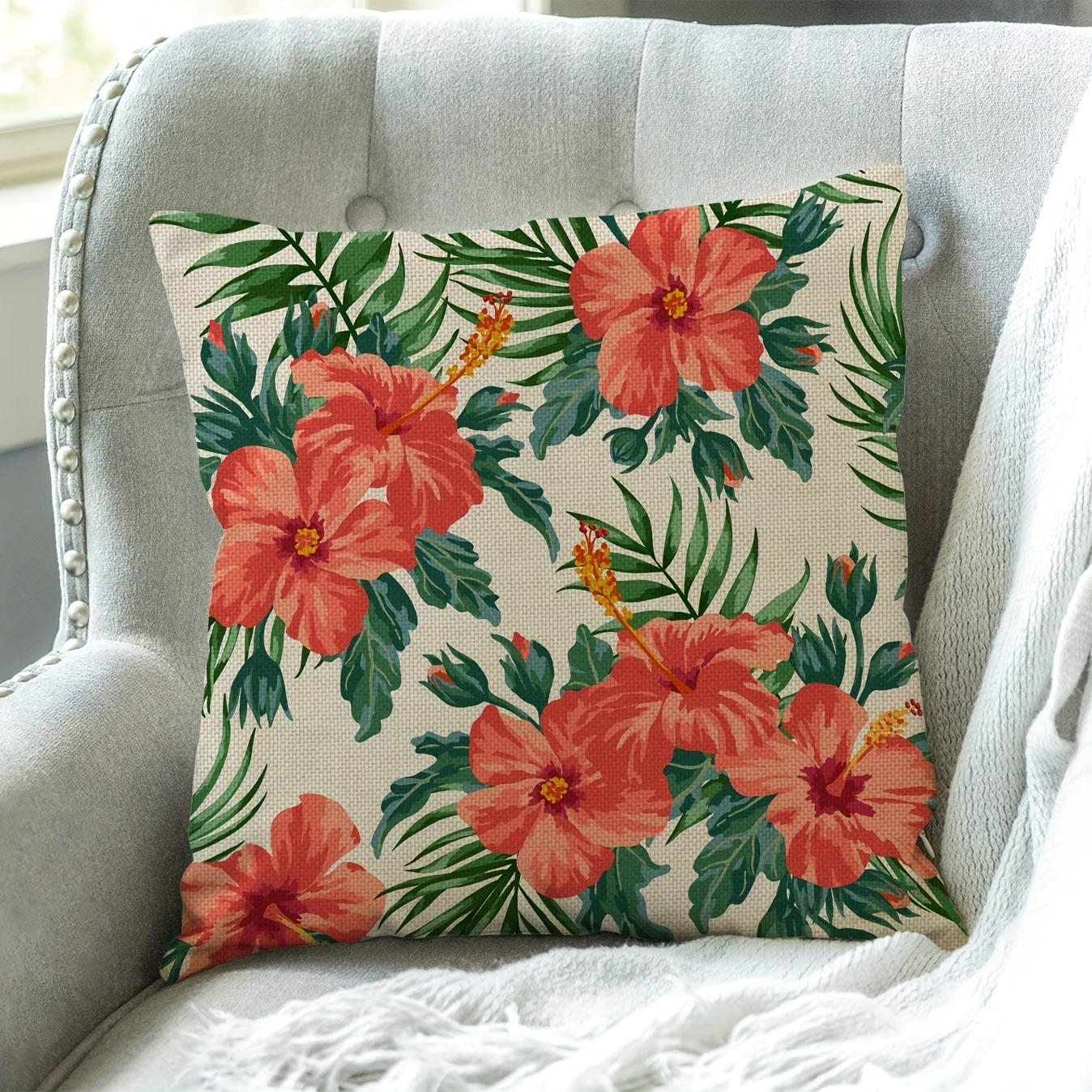 1pc, Hawaiian Flower Short Plush Throw Pillow Cover 18x18 Inch Tropical  Leaves And Flowers Decorative Pillow Case Cushion Cover Home Sofa Decor
