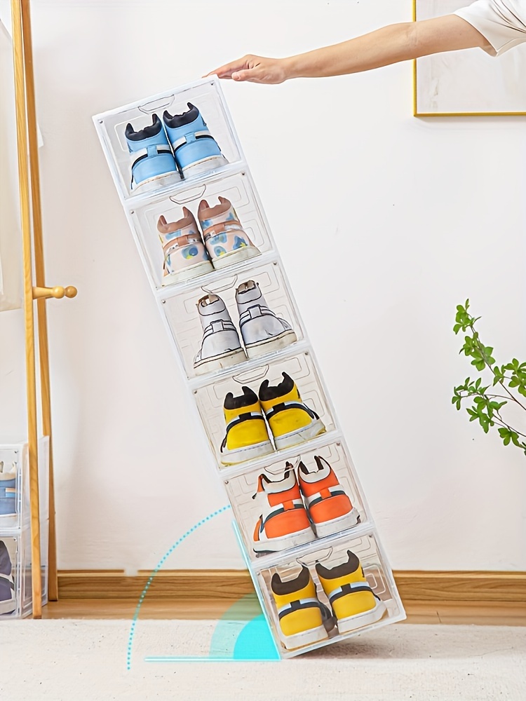 6pcs folding shoe box with door plastic dustproof shoes storage box stackable   display container household space saving storage organizer for bedroom bathroom office entryway hallway closet wardrobe home dorm details 2