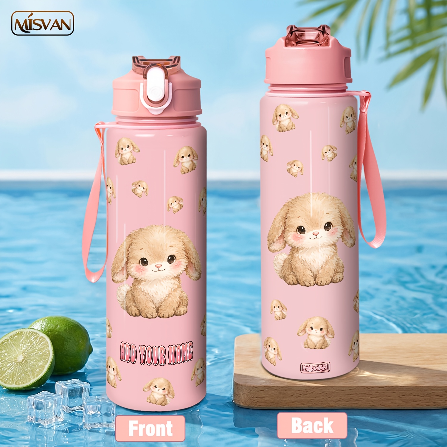 TEMU 1pc Custom Name, 25oz/750ml Large Water Bottle, Cute Fluffy Lop-eared Rabbit Design. Open Leakproof Design, Lightweight Portable Water Cup,