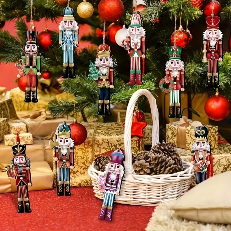 

12/24pcs Classic Wooden Nutcracker Ornaments - Traditional Hanging Christmas Tree Decorations, Wood Figurines For Holiday