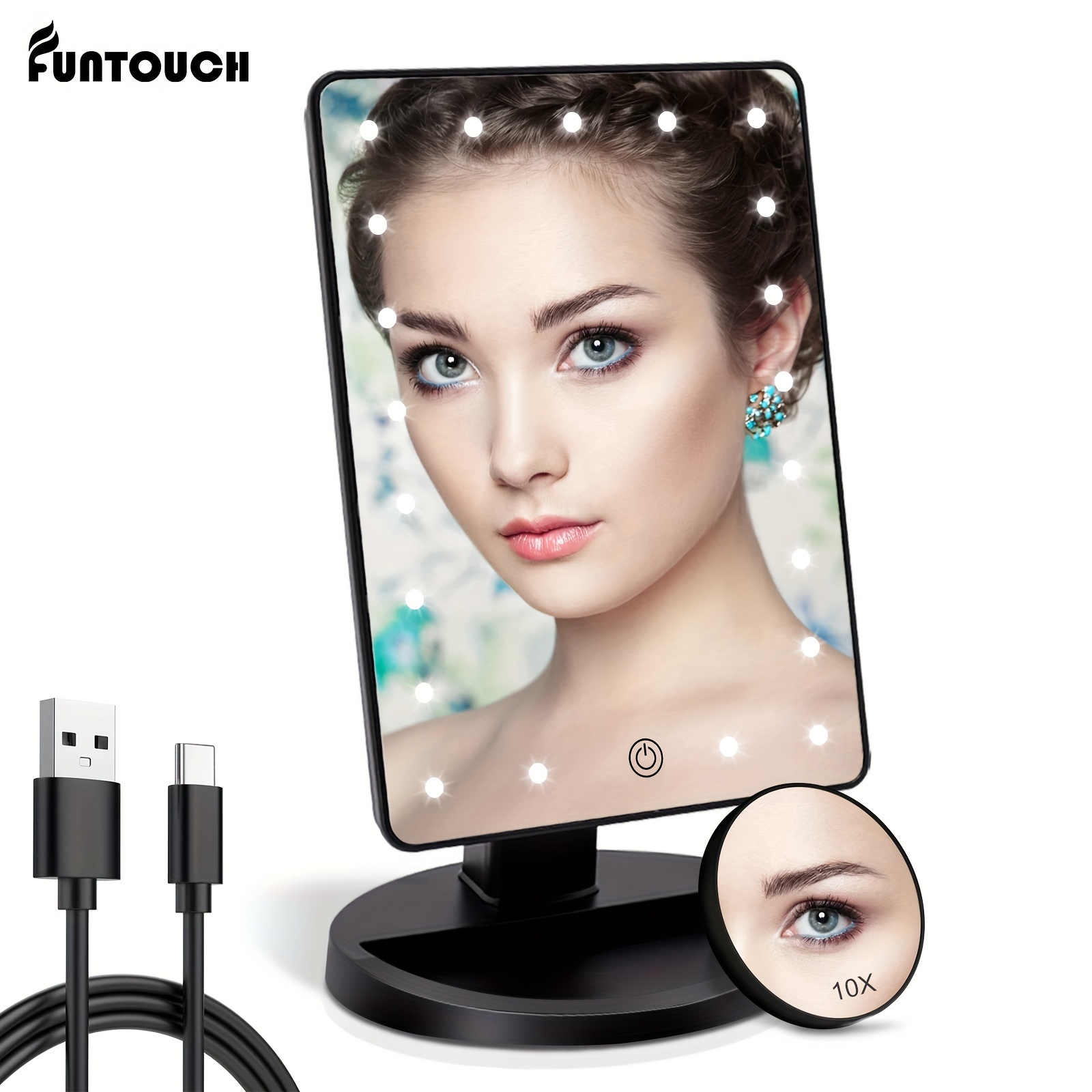 

Funtouch Lighted Makeup Vanity Mirror With 10x Magnifying Mirror, Lighted Mirror With Touch Sensor Dimming, 180°adjustable Rotation, Dual Power Supply, Portable Cosmetic Mirror