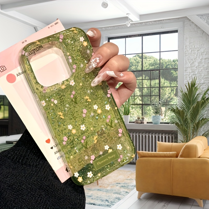 TEMU Phone Case - Shimmering Sequined Small Flower Daisy Personalized Pattern Transparent Frosted Full-cover Tpu Phone Case For 11/12/13/14/15/16,