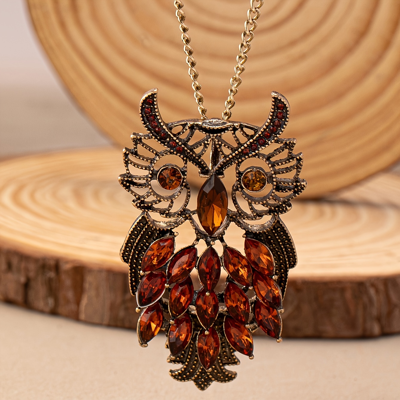 

Vintage Bohemian Owl Pendant Necklace, Exaggerated Long Chain Fashion Jewelry, Antique Style With Amber Crystal Accents