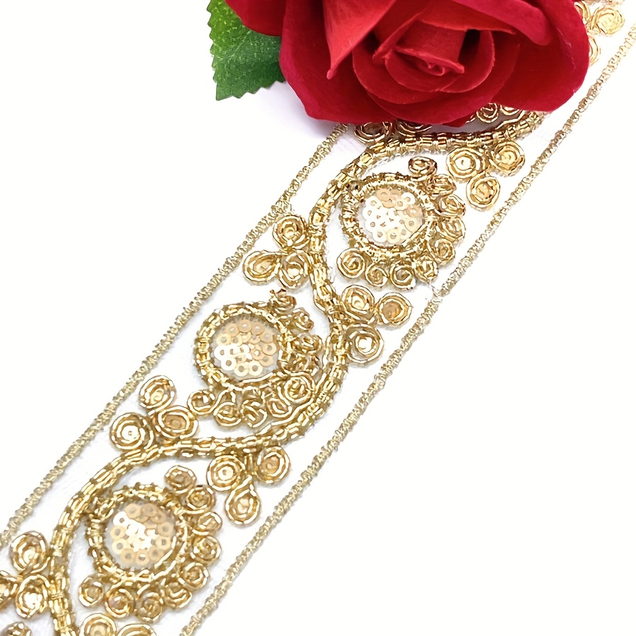 E-shop 1 Yard Goldene Pailletten-Spitze, Ethno-Spitzenbesatz, DIY Handnäh-Dekorationsmaterial