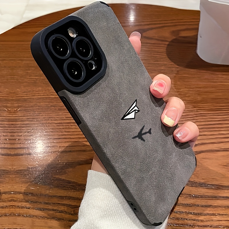 TEMU Minimalist Airplane Pattern Sticker Phone Case, Luxury Matte Lambskin Leather Phone Case, Leather Phone Case, High-end Fashion, Perfect Gift For