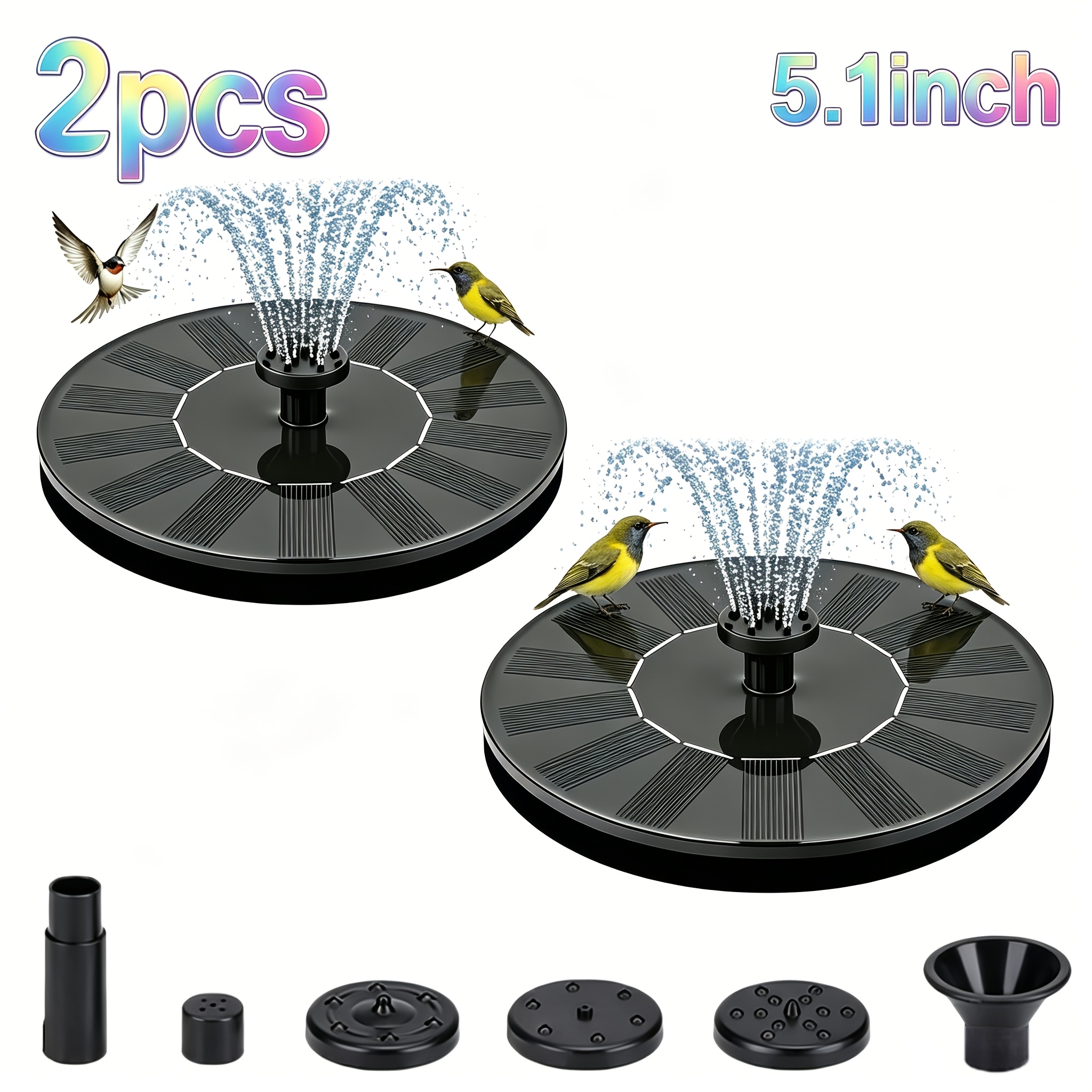 TEMU 1-2 Pack 13cm Diameter Solar Fountain Pump, Comes With 6 Nozzles, Ipx8, 3w Polycrystalline Solar Water Pump, Suitable For Bird Baths, Outdoors,