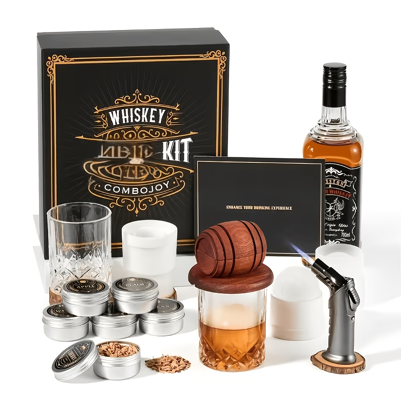 Whiskey Kit With Torch - Wood Chips, 2 Glasses, 2 Ice Ball Molds - Cocktail Infuser Kit, Old Fashioned Drink Kit, Whiskey Gifts For Men, Dad (no Butane)