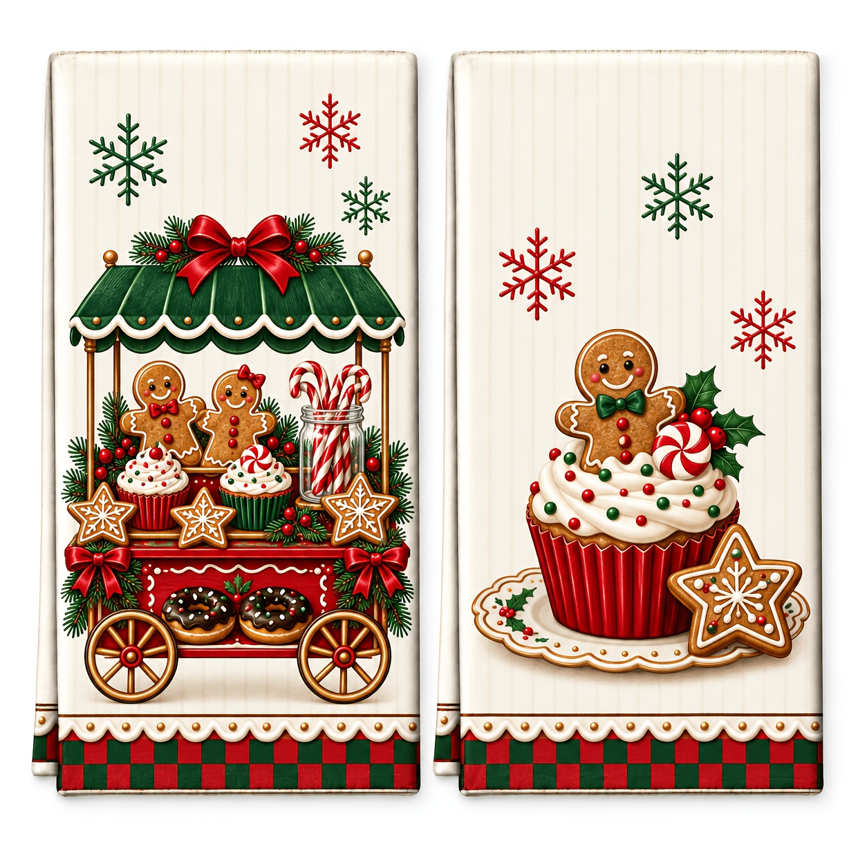 TEMU 2pcs Set Cream And Red Gingerbread Christmas Kitchen Towels, Cart, Cupcake, Candy Canes, And Gingerbread Man Print, 16x24 Inch Printed Dish