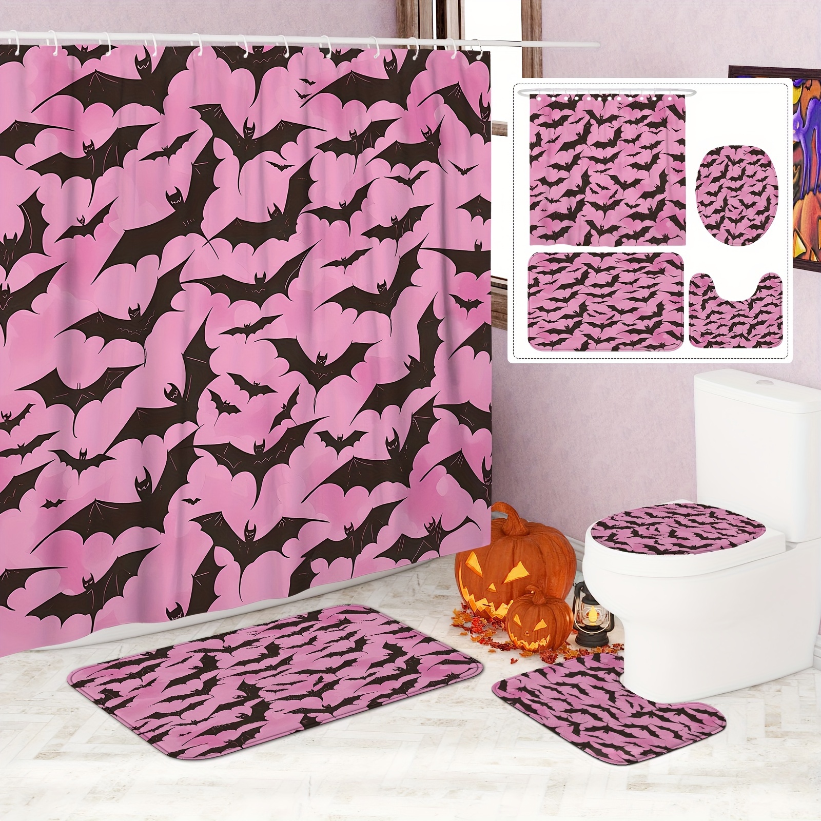 

1/4pcs Halloween Bat Curtain Set Curtain And Rugs Polyester For Halloween Bathroom Or Decor 12 Bath Mat Lid Mat