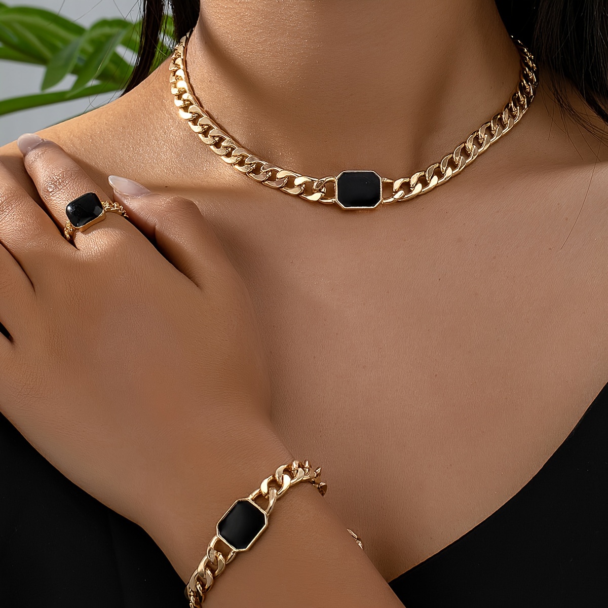 

Geometric Rectangle Chunky Chain Necklace Ring Bracelet, 3pcs Vintage & Minimalist Style Jewelry Set, Color With Black Accents, Gift For Women