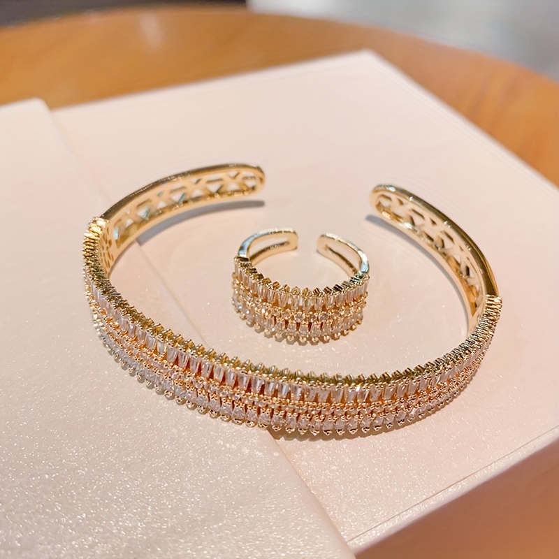 Image of A Set Of Fashionable Bracelet + Ring Flower Copper Material Plated With Synthetic Zirconia Inlaid Wear Holiday Party Wear Suitable For Valentine's Day, Mother's Day, Graduation Season