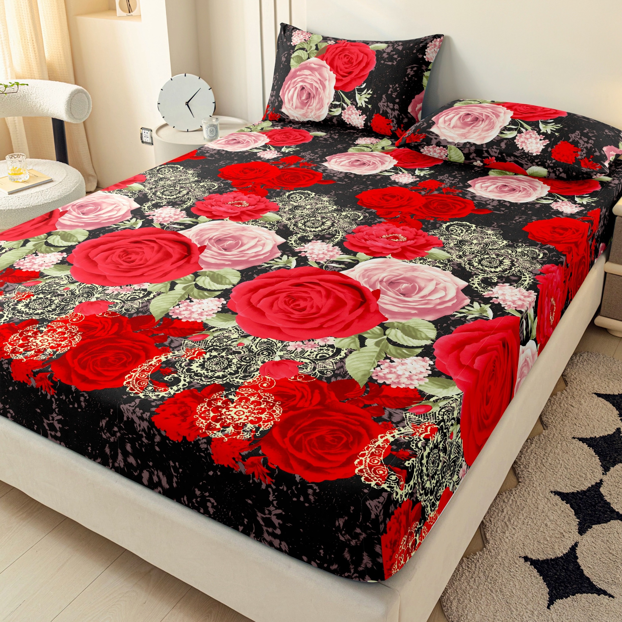 3pcs Pink Rose Flower Cluster 2d Flat Pattern Bed Sheet And Pillowcase Three-piece Set | 2 Pillowcases + 1 Fitted Sheet | Double/full/king/queen | Soft And Skin-friendly, 24h Non-shifting