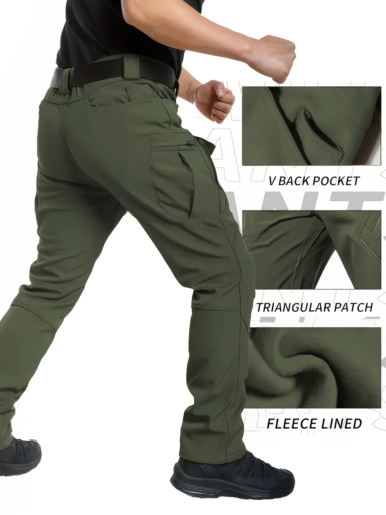 mens olive green windproof soft shell pants with fleece lining multi pocket polyester spandex blend for hiking cycling weatherresistant pants regular fit pants softshell hiking gear details 1