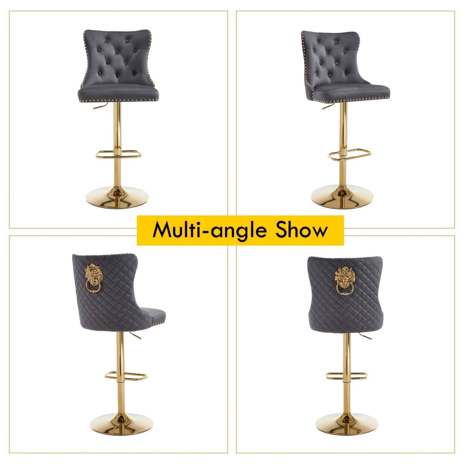 Set of 2 Modern Adjustable Velvet Bar Stools with Lion Head Pull