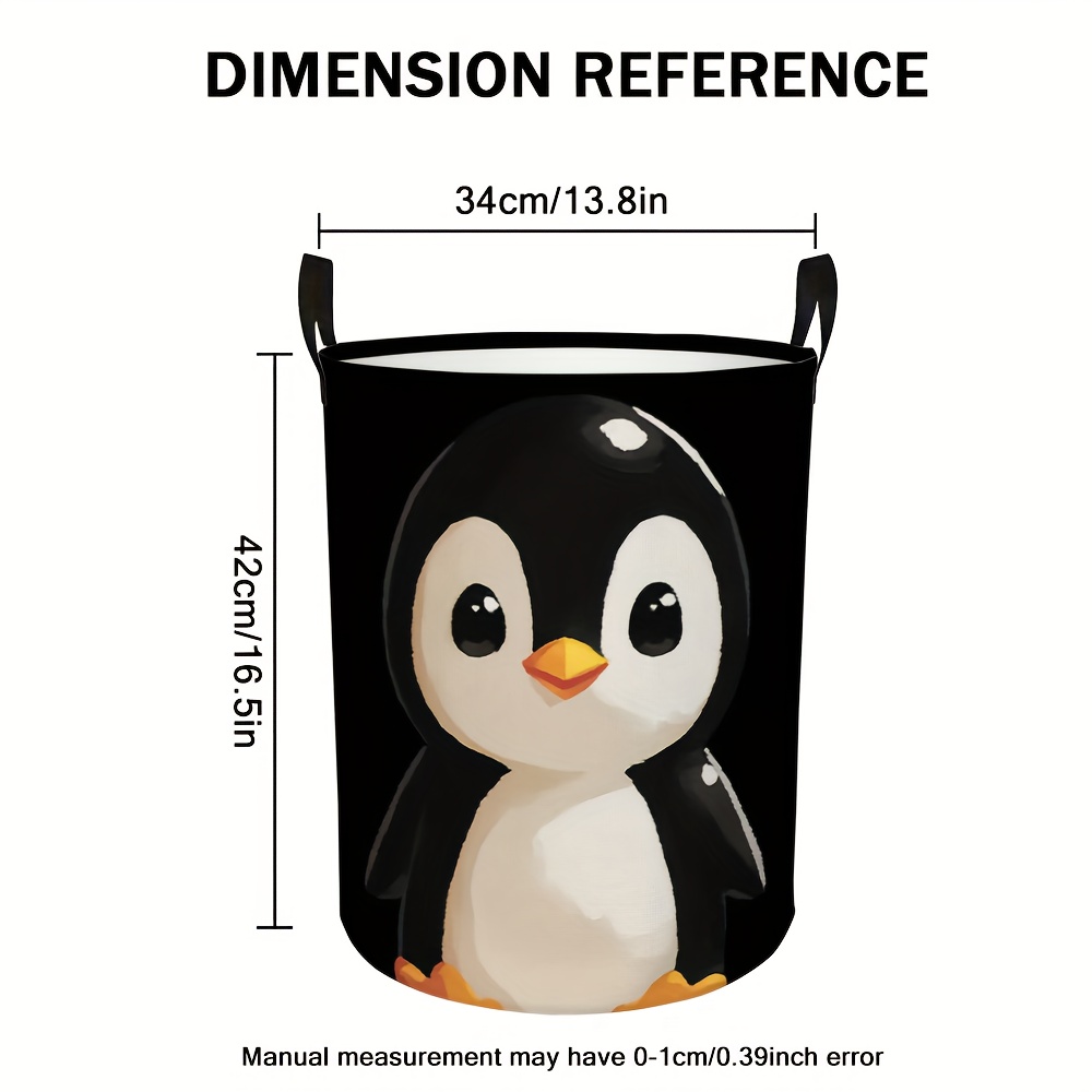 TEMU 1pc Cute Penguin Design ' Laundry Hamper Basket - Foldable Circular Storage With Penguin Penguin Patterns, Polyester Collapsible Hamper Suitable