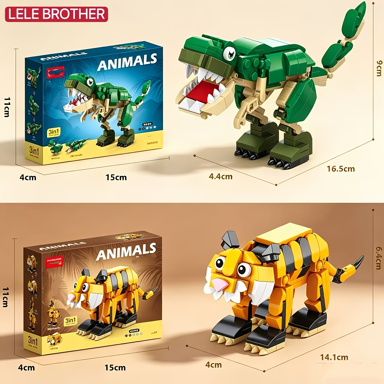TEMU Ensemble de 2 pièces, avec 6 / de construction d'animaux interchangeables, comprenant : Crocodile / Dinosaure / Canard / Tigre / Chiot / . Un