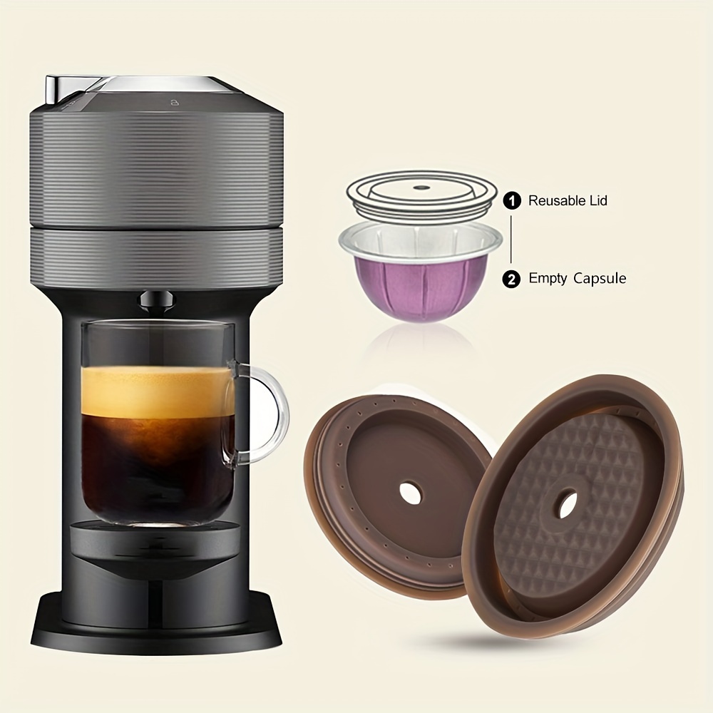 1 2pcs reusable coffee capsule lids work with     food grade silicon caps used for   sizes of reusable     refillable   capsule with scoop and brush details 2