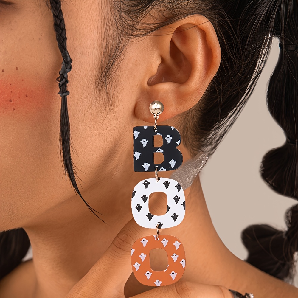 TEMU A Pair Of Halloween Acrylic Enamel "boo" -themed Long-style Festive Dangle Earrings
