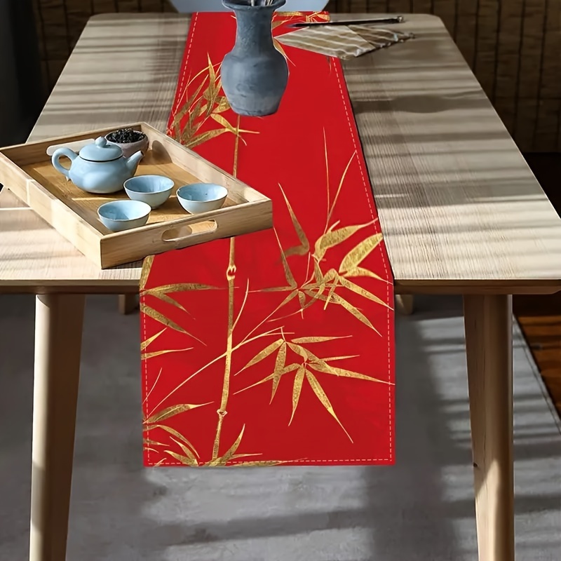 

1pc Red And Design Linen Table Runner, Polyester, Rectangular, Woven, Dust-proof, Perfect For Party And Home Decor, Kitchen And Dining Room Tablecloth