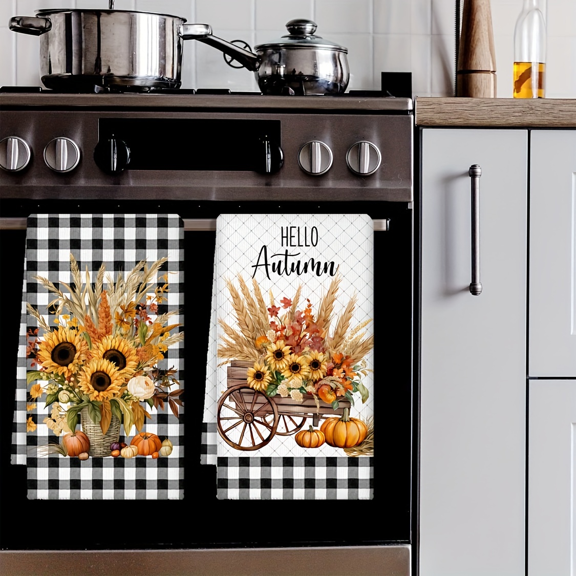 TEMU 2pcs Kitchen Towels - Ultra Absorbent Microfiber, Sunflower & Pumpkin Design With Buffalo Check, Ideal For Thanksgiving Decor, Dishcloths, 27.5x17.7in, Dish Towels For Kitchen