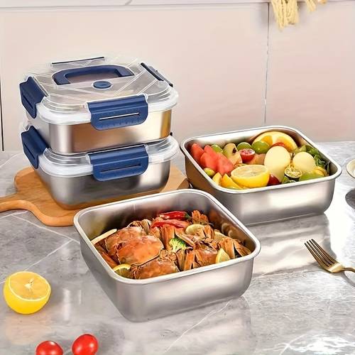 stainless steel food storage containers with blue lids extra deep large 57 5 oz capacity airtight meal prep bowls lunch boxes bento boxes for fridge and kitchen organization