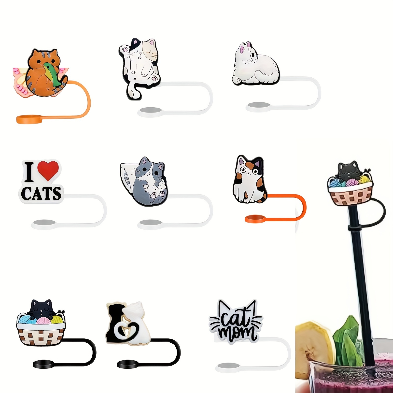 

9pcs Reusable Cute Cat Series Straw Covers, Dustproof Reusable Leakproof Straw Plugs, Cup Accessories