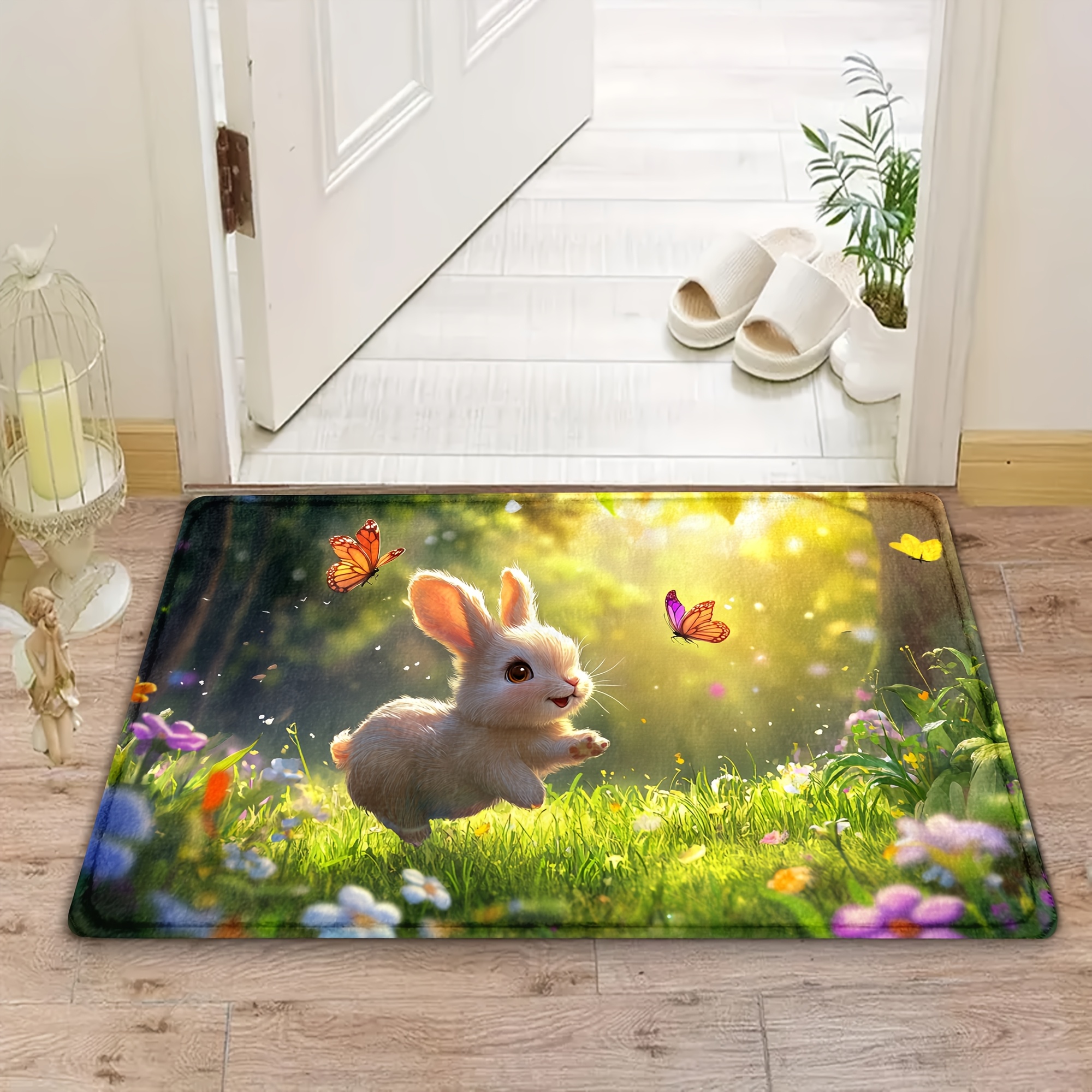 

1pc Easter Bunny And Butterflies Door Mat, Non-slip Washable Polyester Indoor Mat, Lightweight Rectangle Floor Mat For Entryway, Kitchen, Bathroom, Laundry Room - Machine Made Home Decor, Bathroom Mat