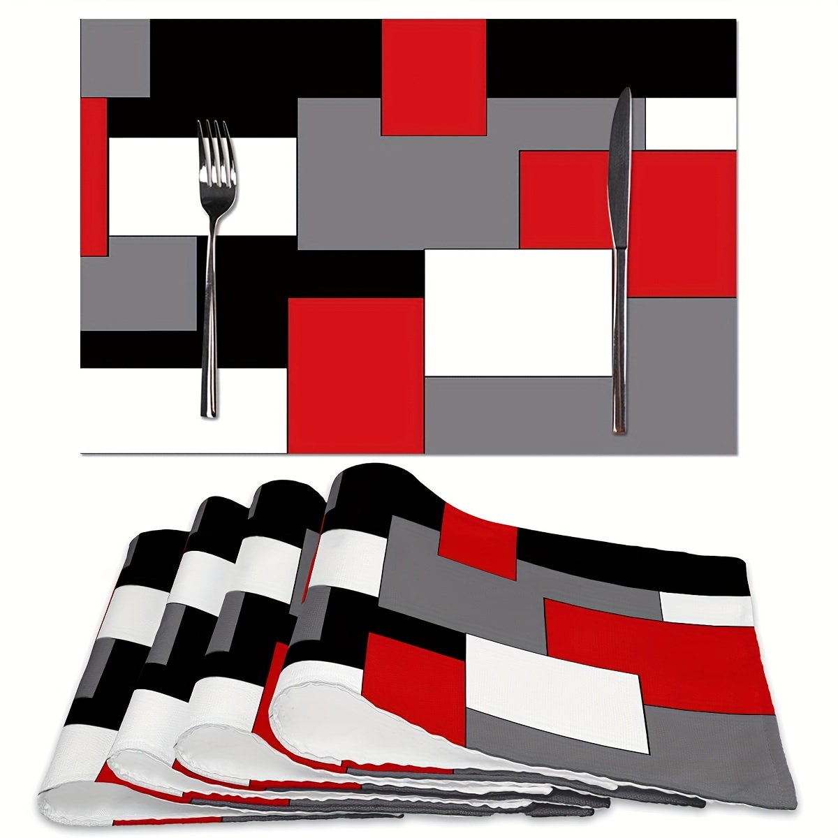 

4pcs Geometric Square Placemats Set, Woven Polyester Washable Dining Table Mats - Machine Washable, Red Grey Black White Rectangle Place Mats For Home Kitchen Decor