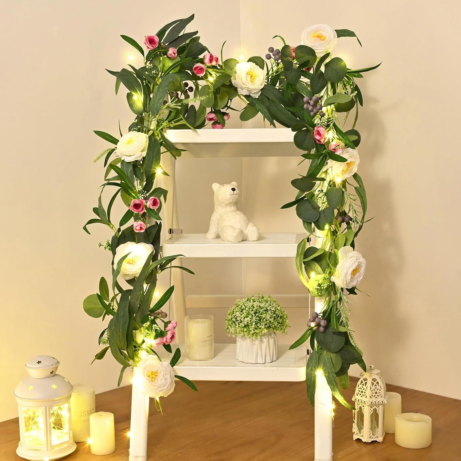 artificial flower garland with lights greenery floral garland with camellia     flowers for table fireplace wall arch wedding party decor spring summer room decor 6ft