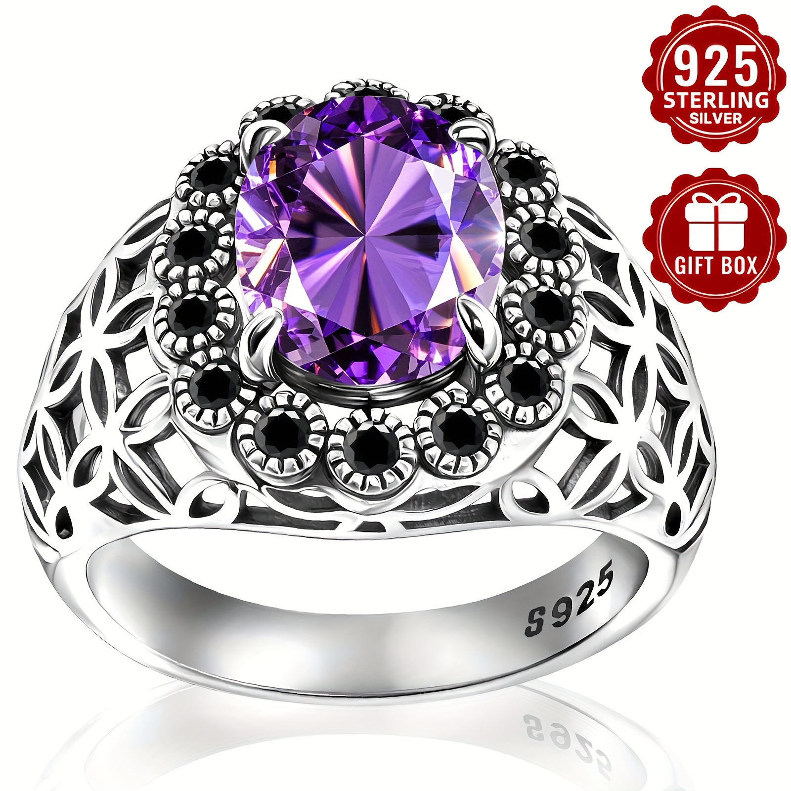 925 Silver Hollow Pattern Ring Vintage Purple Zirconia Jewelry Accessory