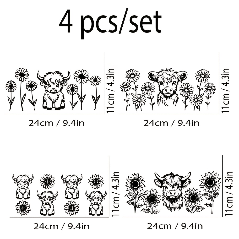 TEMU 4pcs Black Floral Cow-themed Uv Dtf Cup Packaging - Stickers, Suitable For Glass Jars, Bottles, School Supplies, Crafts - Self-adhesive Transfer