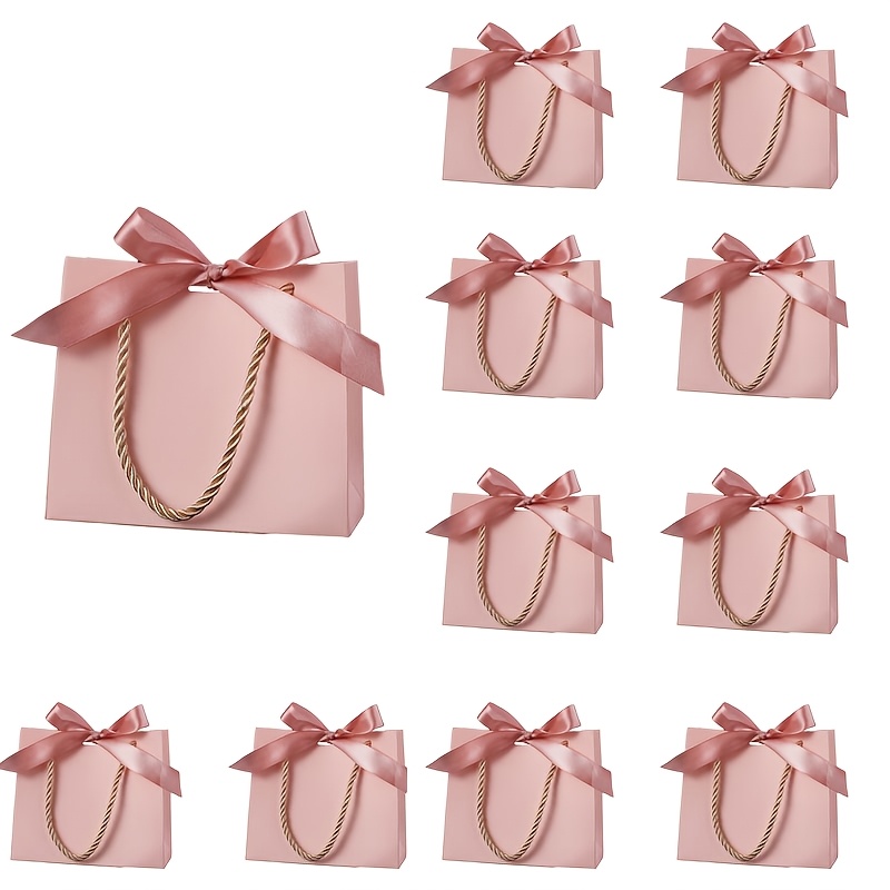 TEMU Lot de 10 sacs cadeaux plats roses avec ruban, sacs fourre-tout pliables en papier à assembler pour cadeaux de fête d'anniversaire de mariage,