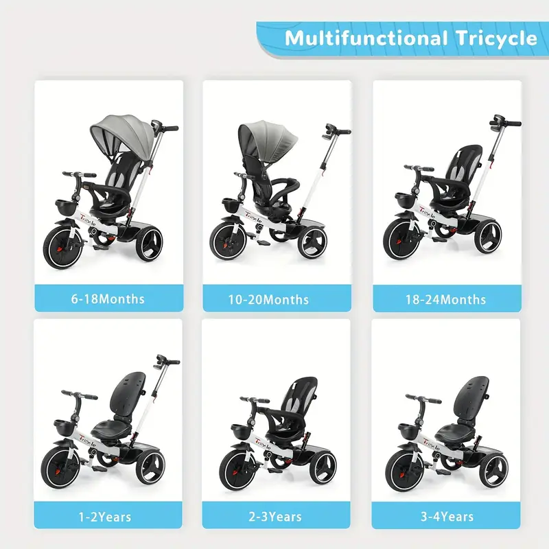 1pc baby tricycle 6 in 1 baby push bike steer stroller learning toddler bike detachable guardrail adjustable canopy safety harness folding pedal storage basket brake shock absorption details 6