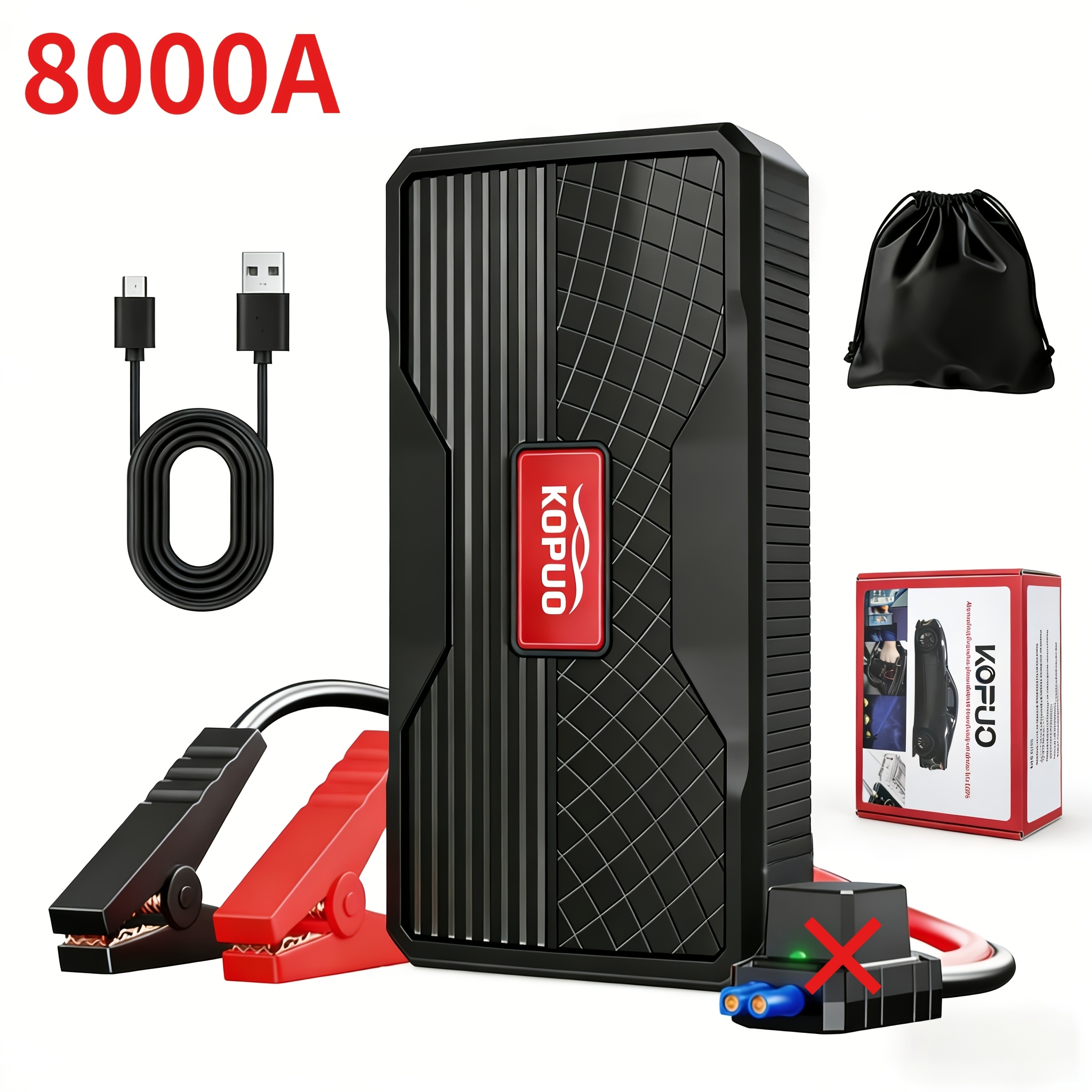 Image of Kopuo 8000a 12v Car Booster, Up To 8.5l Gas/7l Engines, Led Flashlight Sos Strobe, Pack For Cars Suv Trucks Motorcycles, Emergency Kit