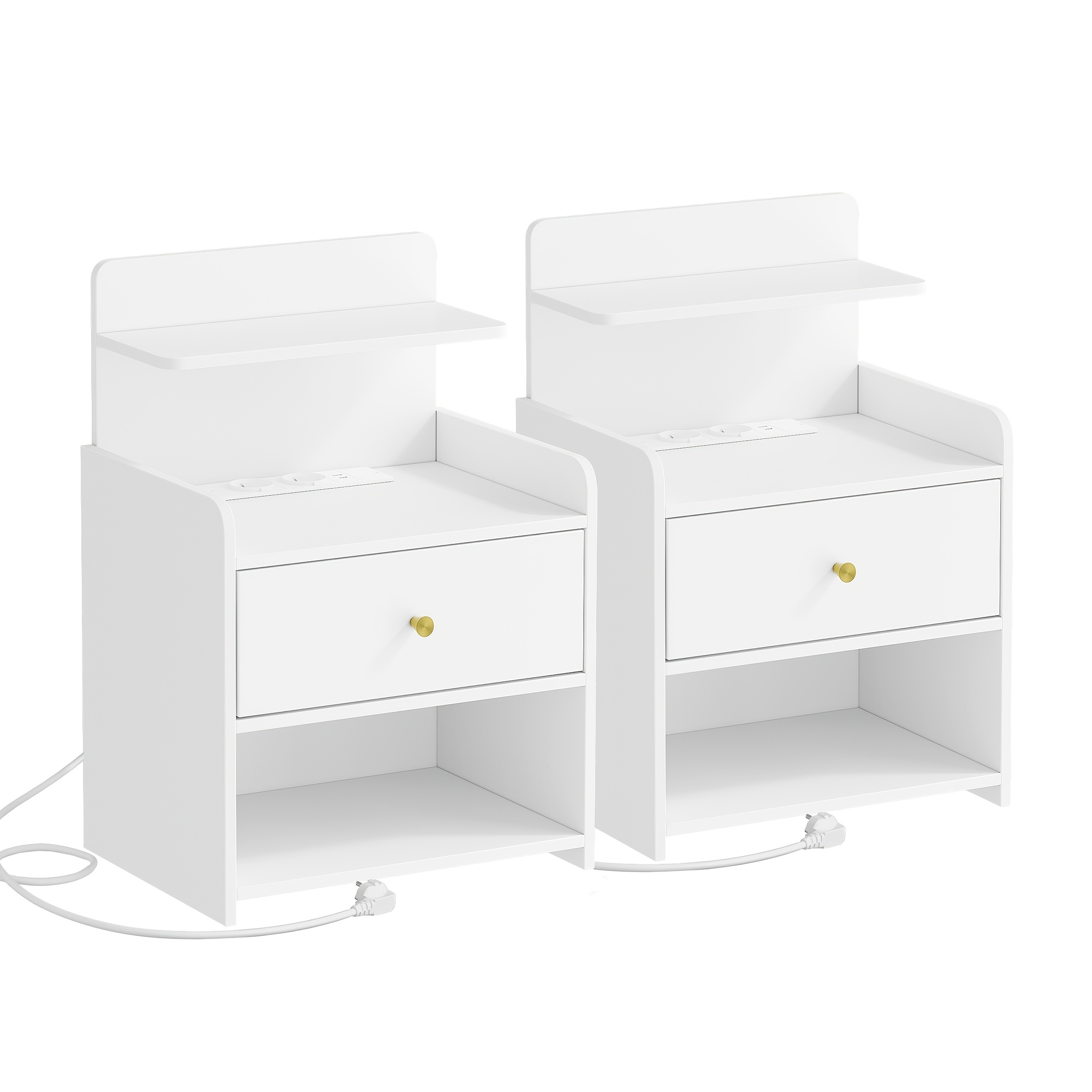 Bedside Table Set Of 2, Side Table With 1 Drawer And 2 Open Compartments, Nightstand, Sofa Table, Space-, For Bedroom, Living Room, Modern, White