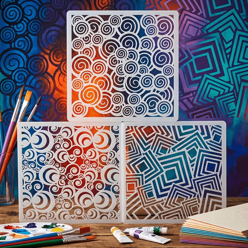 TEMU 3pcs 3pcs Reusable Modern Spiral Stencils - Square Suitable For Painting, Scrapbooking, Wall Decor, Diy Templates With Spiral Patterns, Portable