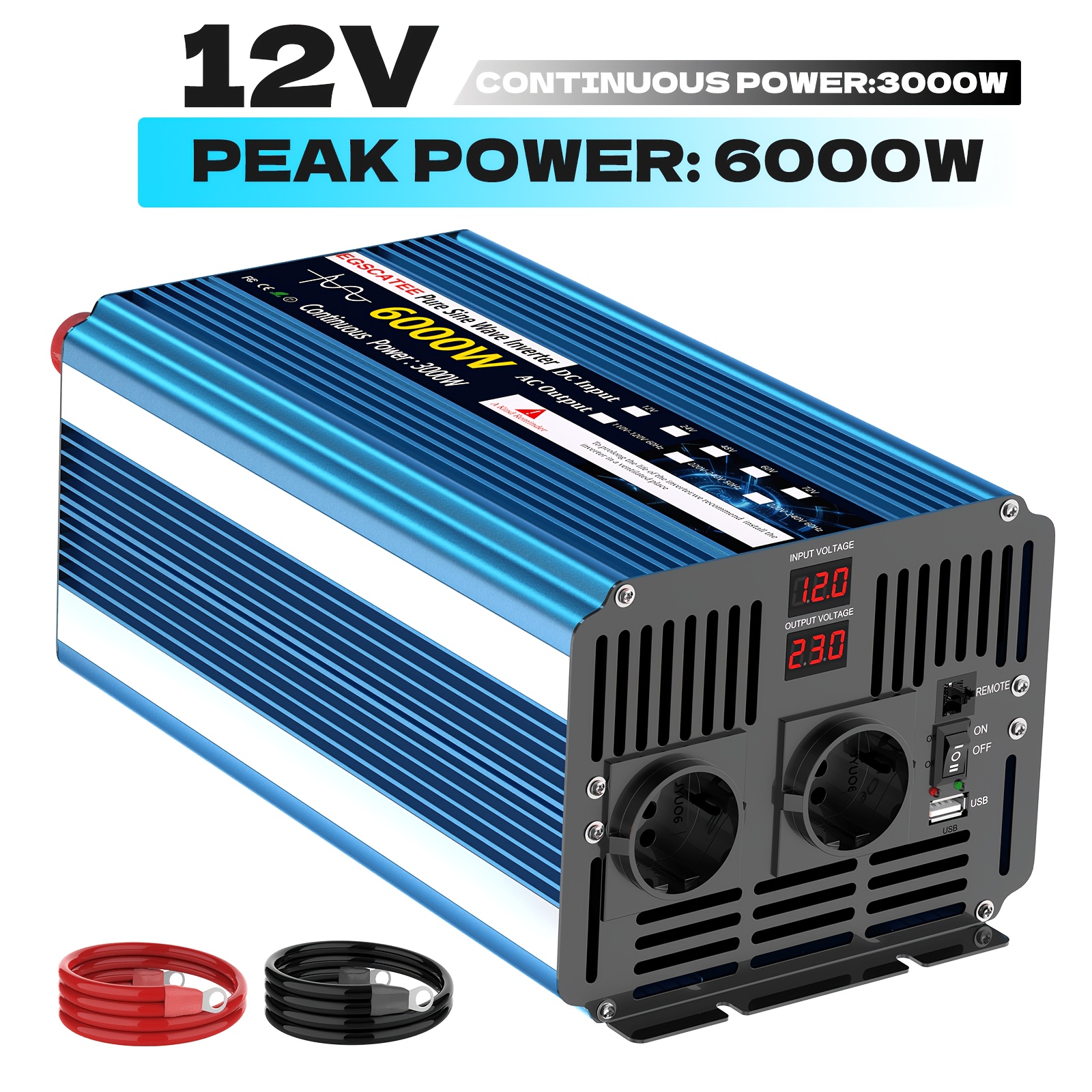Menjalnik moči 6000 W vrhunske moči, 3000 W stalne moči, čisti sinusni val, 12 V AC 230 V, rezervni transformator moči z dvojno vtičnico, USB,