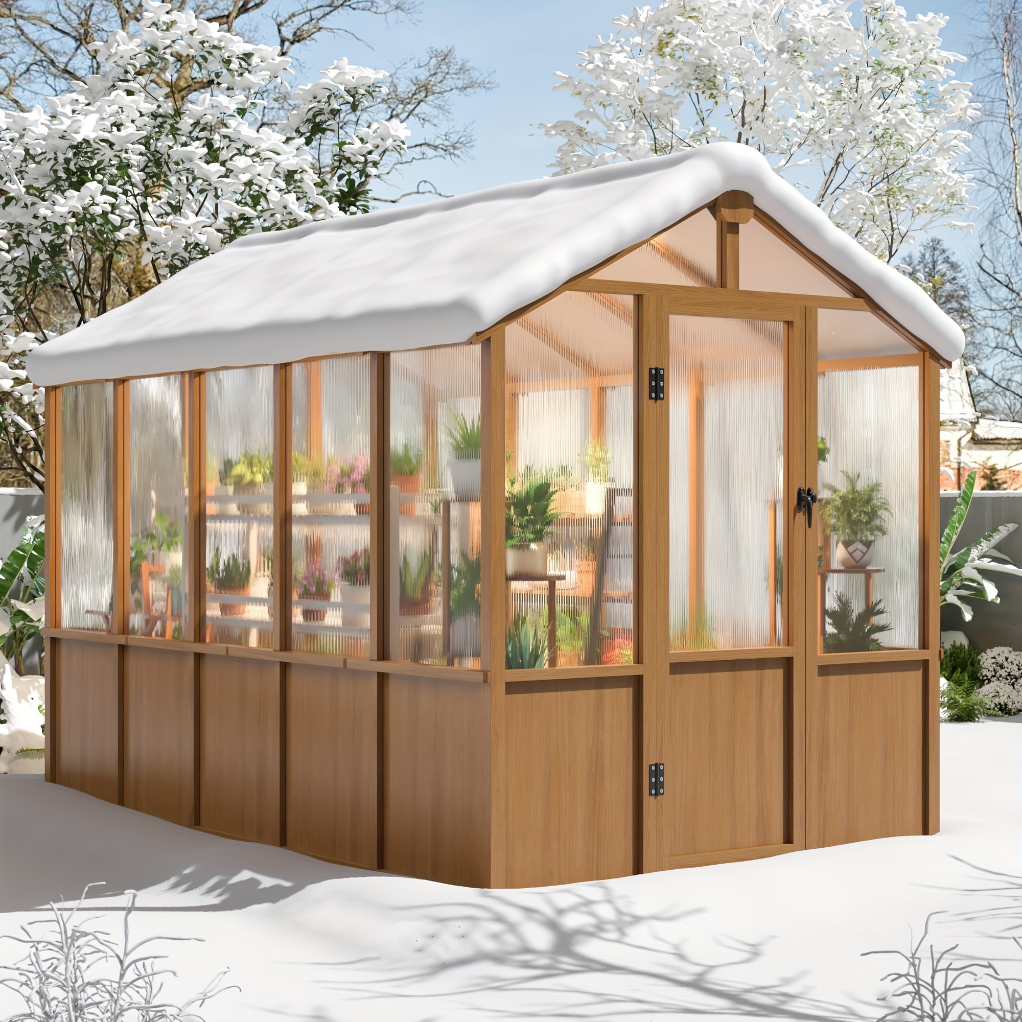6x8ft greenhouse wooden walk in greenhouse for outdoors with 6mm thick polycarbonate panel and adjustable roof vents garden backyard patio lawn wood colour