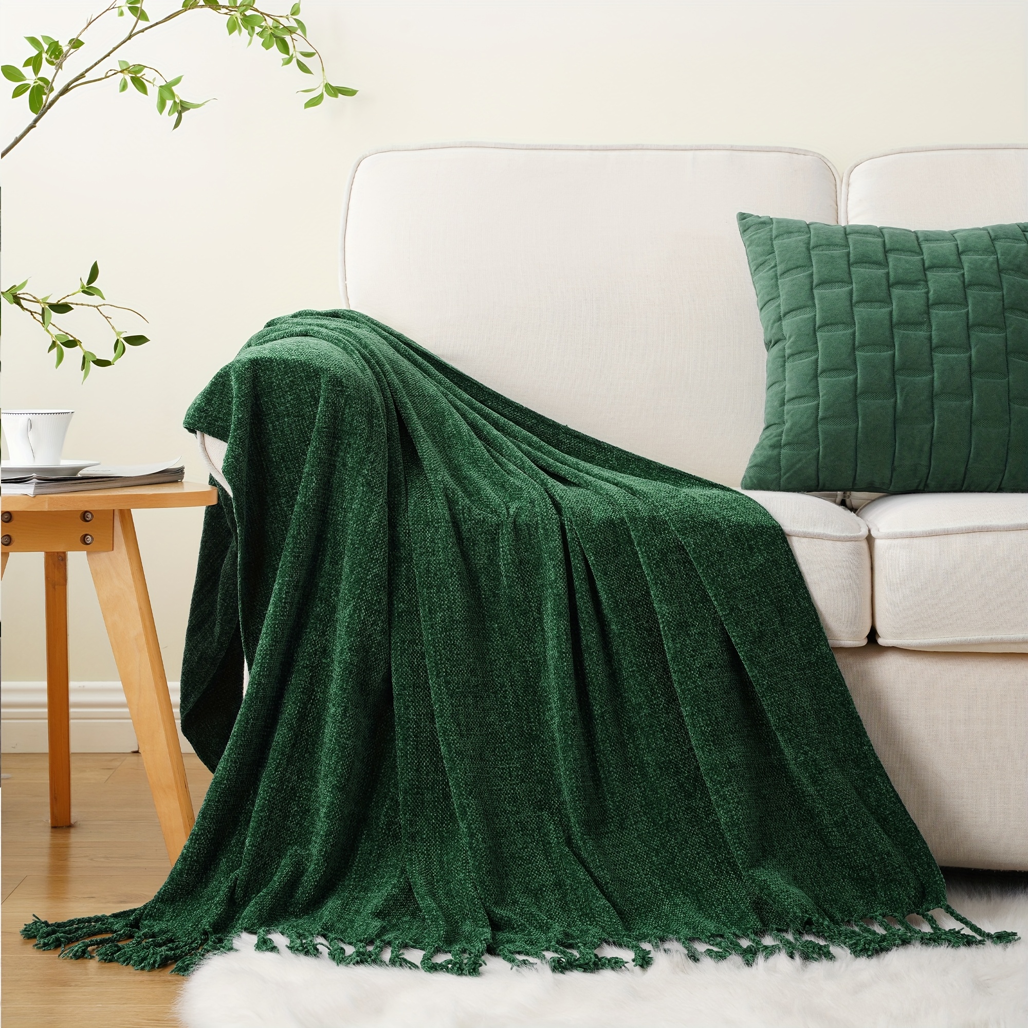 TEMU Cozy Chenille Throw Blanket For The Couch, Soft And Fuzzy Decorative Blanket With Tassels, Lightweight Throw For Bed Or Sofa, Perfect Gift For